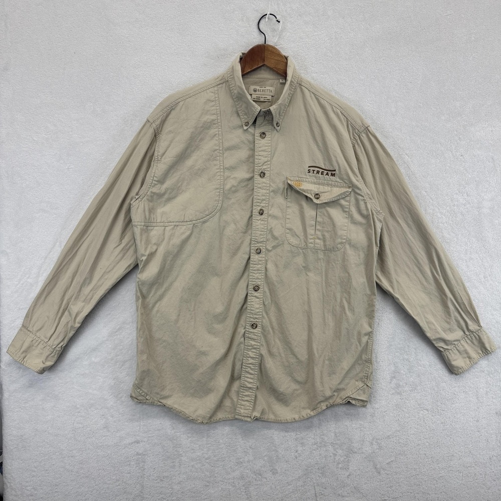 Beretta Shirt Mens Large Khaki Vented Fishing Button Down Long Sleeve‎ Stream